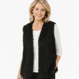 Chico’s Black Shaggy Stretch Open Front Vest Size 12 Open To Offers